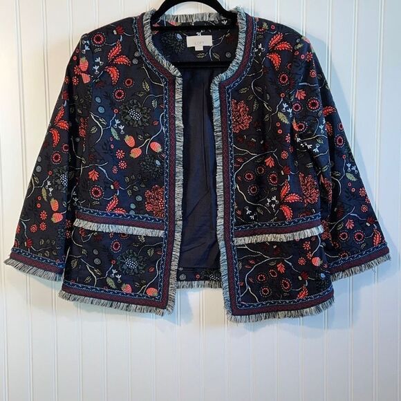 Loft Floral Strawberry Primavera Fringe Trimmed Open, Front Jacket Size 6 - Picture 1 of 10